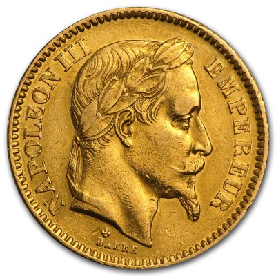 Goldmünze 20 Francs Napoleon III mit Lorbeerkranz