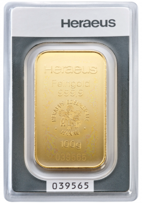 Goldbarren 100 Gramm Feingold LBMA-zertifiziert OVP im Blister